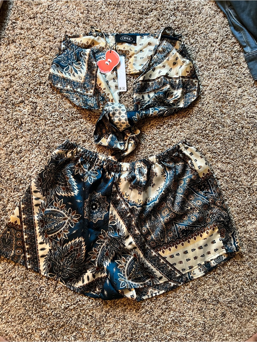 Cider Navy and Cream Paisley Satin Tie-Front Crop Top & Shorts